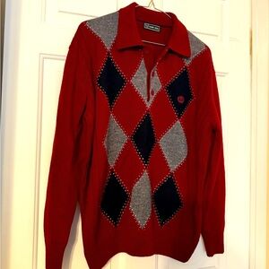 Sabri Ozel Mens Argyle Wool Sweater Collared Medium Burgundy Navy Gray Ribbed